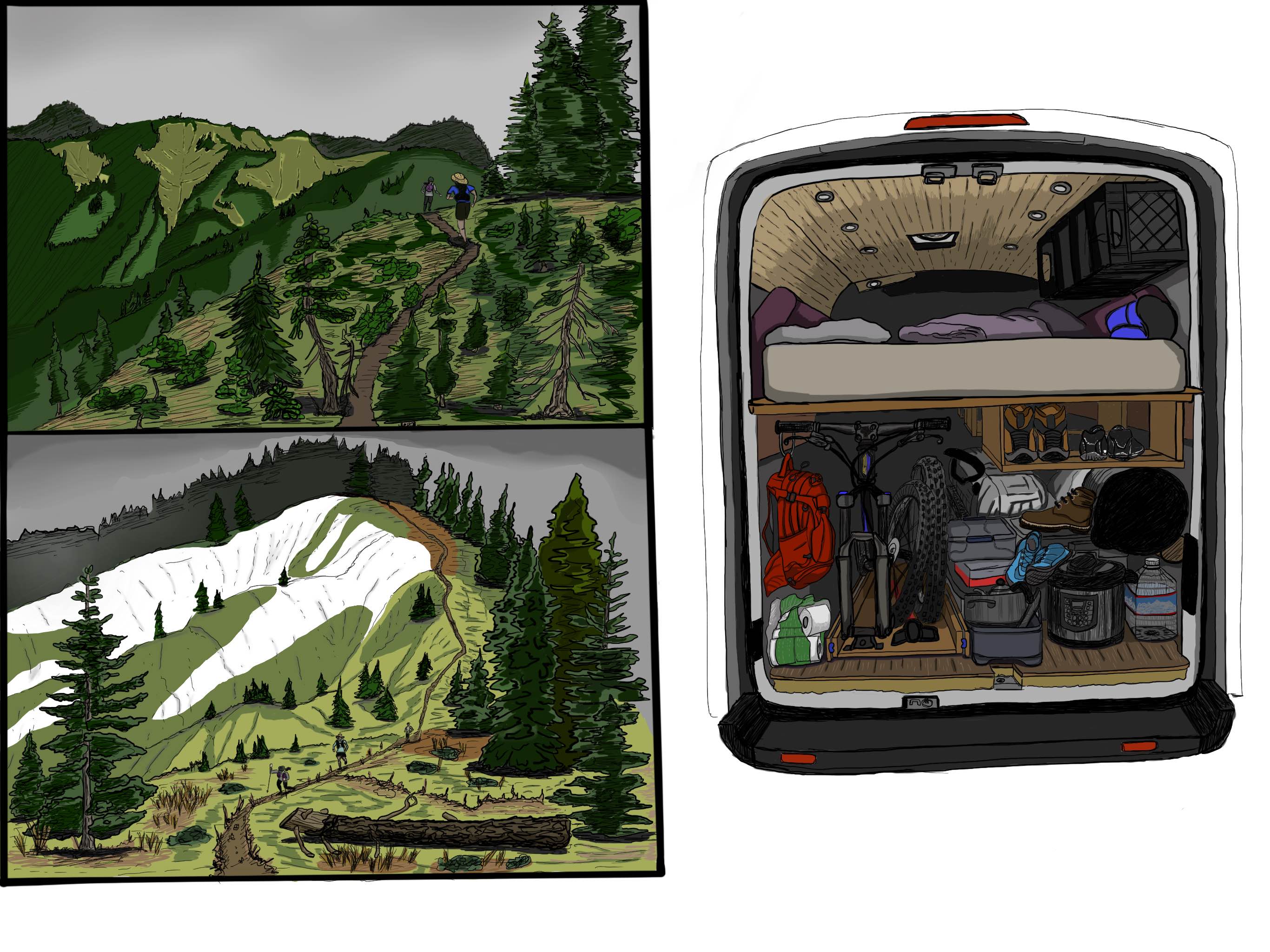 Trail running in the Northern Cascades, WA and a view of our adventure van (NSBG) gear garage under our bed.